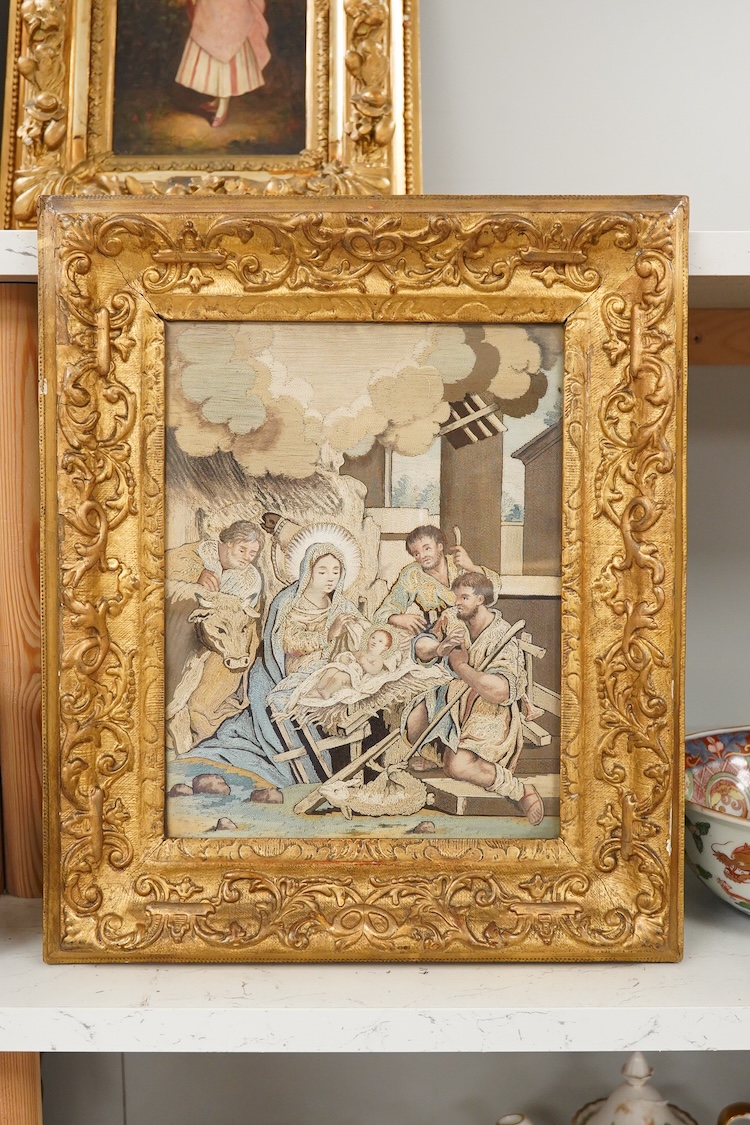 18th/19th century, Continental needlework on silk with hand painted decoration, Nativity scene, gilt framed, 26 x 20cm